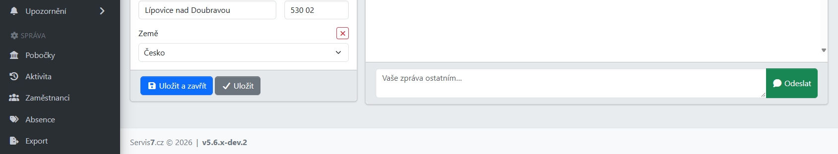 Detail klienta Servis7 s kontaktními údaji, vozidlem a interní komunikací